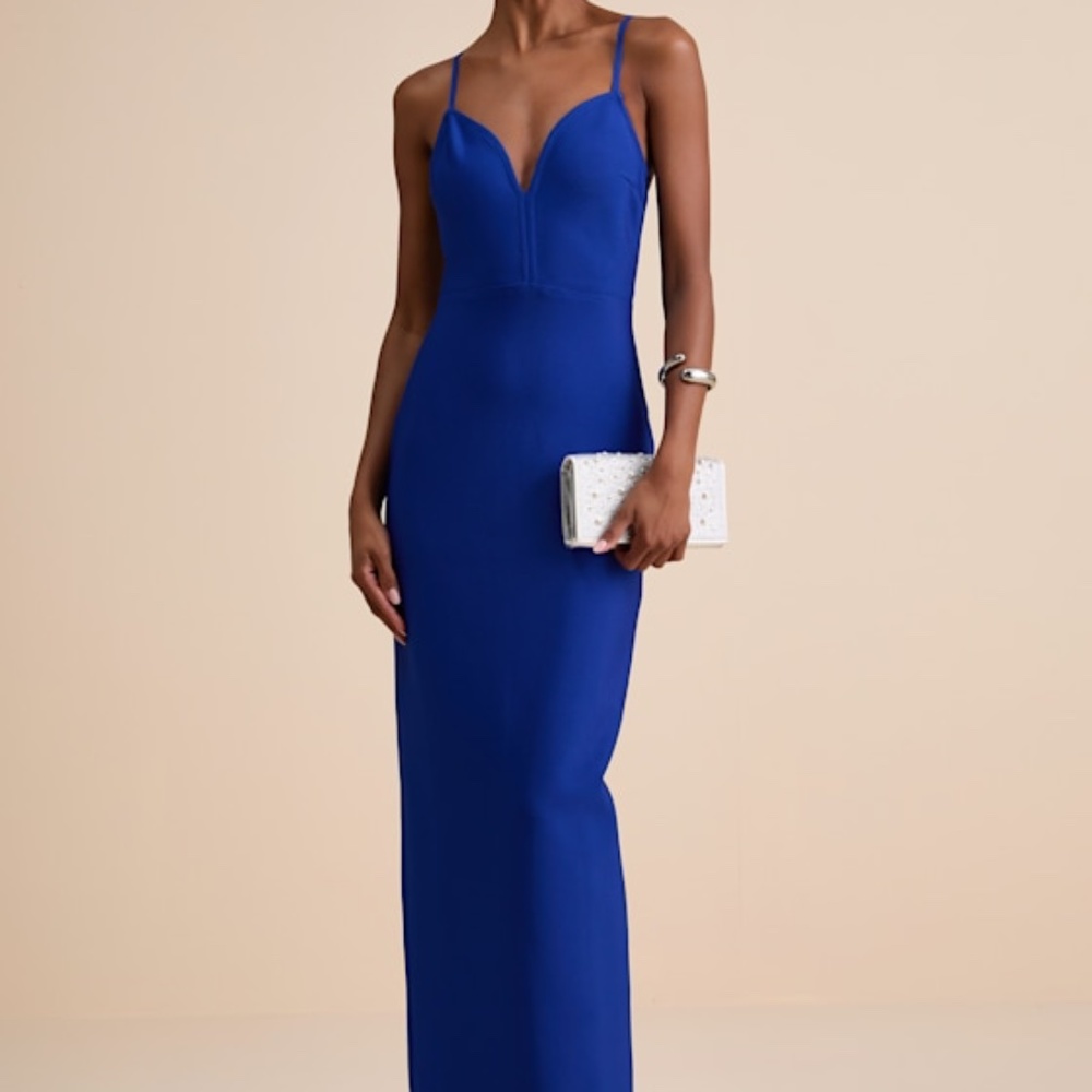 Lulus Hadrina Cobalt Blue Ponte Knit Column Maxi Dress - Size S